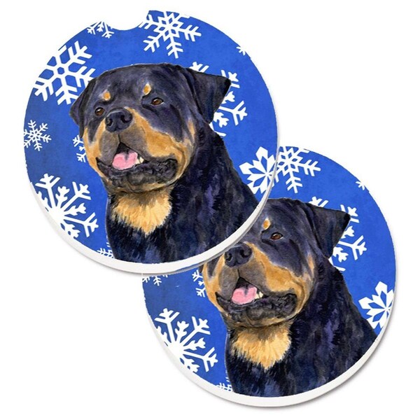 Carolines Treasures Rottweiler Winter Snowflakes Holiday Set of 2 Cup Holder Car Coaster SS4662CARC - main